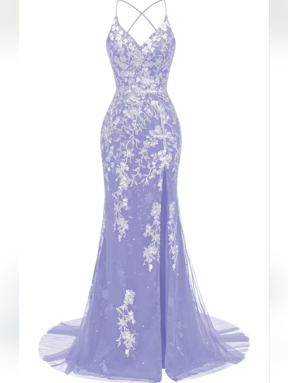Lavender Lace Embroidered V-Neck Evening Gown